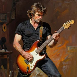 Wilford Brimley shredding on an electric guitar, painting by Frank Frazetta