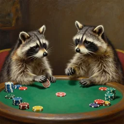 Oil painting, Raccoons playing poker, by Cassius Marcellus Coolidge