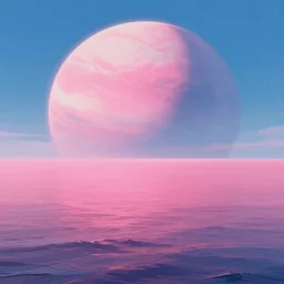 beautiful pink ocean horizon view on an alien planet, clear sky, massive planet in space over the horizon, rule of thirds, trending on artstation, digital art by hayao miyazaki, studio ghibli style