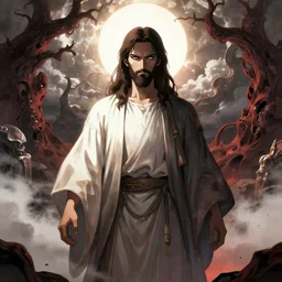 anime style jesus standing between heaven and hell looking badass with a detailed face, highly detailed, mega details,