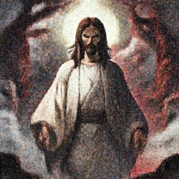 anime style jesus standing between heaven and hell looking badass with a detailed face, highly detailed, mega details,