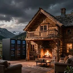 data centre, wooden cottage, livingroom, fireplace, concept art