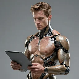 cyborg michael mcintyre holding a tablet, real life skin, intricate, high detailed, artstation, concept art, smooth, sharp focus, art by artgerm and greg rutkowski