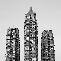 high towers made up of makeshift squatter shacks, mamiya, 8 5 mm, f 1. 7, uniform plain sky, fine details, minimalist, photographed by hiroshi sugimoto