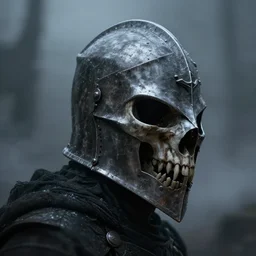 crow skull knight helmet, headshot, closeup, side elevation, grimdark, fantasy, trench crusade, terrifying, dark, fog, atmospheric cold lighting, dark souls, hyperrealistic, art by mike franchina