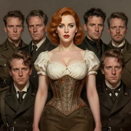 portrait shot of christina hendricks during ww 2 wearing a corset, clothed, intricate, elegant, highly detailed, centered, digital painting, artstation, concept art, smooth, sharp focus, illustration, artgerm, tomasz alen kopera, peter mohrbacher, donato giancola, joseph christian leyendecker, wlop, boris vallejo