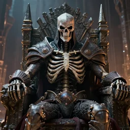 closeup of skeletor sitting in a throne in a castle, rim lighting, octane, dark souls, craig mulins, octane, 8 k