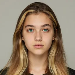brunette with long dyed blonde hair, 21 years old, 165 cm tall, 50% smaller nose, 30% smaller mouth, round shaped face, big forehead, lop eared, thin eyebrows, emerald eyes, darker skin, real life photograph