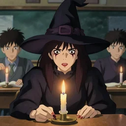 cctv camera film still of a 1 9 5 0's witch in a classroom, closeup at the faces, finely detailed features, perfect art, candle, terror, gapmoe yandere grimdark, trending on pixiv fanbox, painted by greg rutkowski makoto shinkai takashi takeuchi studio ghibli, akihiko yoshida, render man