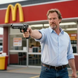 danny mcbride robbing a mcdonald's at gunpoint, realism, 4 k,