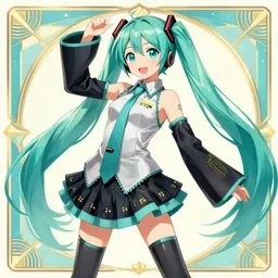 ( ( dither ) ), editorial illustration portrait of hatsune miku, dynamic pose, modern art deco, colorful, ( ( mads berg ) ), christopher balaskas, victo ngai, grainy texture, detailed, dynamic composition, wide angle, moebius, volumetric