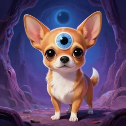 a chihuahua with a third eye living in an extradimensional reality, in the style of 9 0 s and goof troop, illustration, epic, fantasy, hyper detailed, smooth, unreal engine, sharp focus, ray tracing, physically based rendering