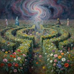 cinematic view of a field of flowers filled with swirling nebula magic, hedge maze, desaturated, psychedelic, tim hildebrandt, wayne barlowe, bruce pennington, donato giancola, larry elmore, oil on canvas, masterpiece, trending on artstation, featured on pixiv, cinematic composition, dramatic, beautiful lighting, sharp, details, hyper - detailed, hd, hdr, 4 k, 8 k