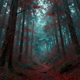 beautiful forest in a humid subtropical climate, red and teal color scheme, award winning concept art, trending on artstation