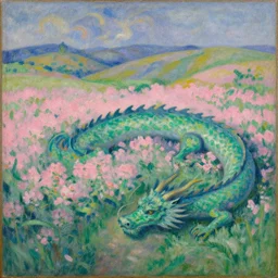 a georges seurat painting of a dragon in a field, rolling hills, pink flowers