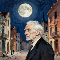 old white - headed man under the huge moon on a street of ruined city by beksinski and takato yamamoto, very coherent, baroque elements, vivid colors