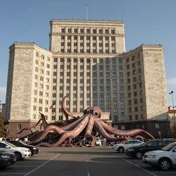 photograph of brutalist soviet office building parking lot in sunshine giant squid attack