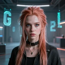 a cinematic render with a highly detailed portrait of Grimes in a large room with holographic letters and numbers
