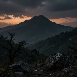 Mountain Dark scary spooky Realistic Dusk nam das in the style of nam das