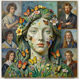 a sculpture portrait made of butterflies and bees and flowers and plants, painting part by wojciech siudmak, part by ilya repin, part by max ernst, part by norman rockwell, artstation