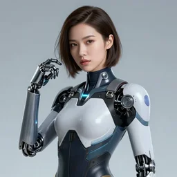 A portrait of beautiful female cyberpunk with robotic arms in a bodysuit by, Charlie Bowater and Mark Brooks, trending on artstation