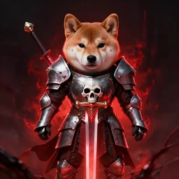 anthropomorphic shiba inu, wearing berserk anime skullknight armor and sword, blood aura red light, fantasy, dark, portrait art by donato giancola and greg rutkowski, realistic face, digital art, trending on artstation, symmetry