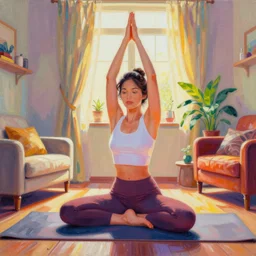 illustration of a woman doing yoga on his living room by shusei nagaoka kaws, david rudnick, airbrush on canvas, pastell colors, cell shaded