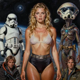 A mixed media painting of a very beautiful light-brown-hair / blonde woman on an alien planet, sweat, aesthetic symmetrical face and eyes, piercing gaze, photorealistic, model, wet, high waisted swimsuit, starship-troopers, alien planet, eighties pinup style, by Frank Frazetta, Boris Vallejo, Beeple, Greg Rutkowski, Christian MacNevin, epic fantasy character art, full length, high fantasy, CGsociety, exquisite detail, post-processing, masterpiece, cinematic