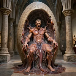 a perfect violent photograph of a human test specimen in a cathedral designed in a hyper ridiculous manner. the bulbous chambers are adorned with lewd cryptic hieroglyphs. the man is engulfed by runny gelatinous squids. perfect focus, studio lighting, gallery setting