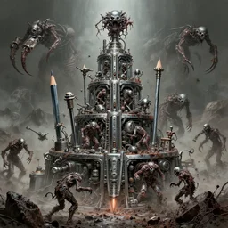 pencils of 1 1 horrifying chromed machines in tiers, all mainframe, terrified by clawed weapons, and medical, filthy, putrid chrome dip, insane speed of excavating planet grave, by giger, wayne d barlowe, stefano tamburini, torch light, muted colors, epic, hyper detailed, awe inspiring, award winning horror, hyper realism, cinematic