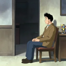 a man sitting on a chair outside a closed room waiting to receive the model, ralph mcquarrie
