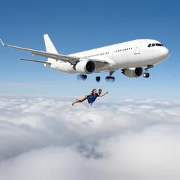Emma Watson flying in the clouds next to an airliner, full body shot
