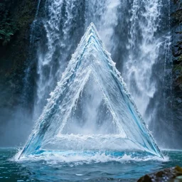 water artwork manipulation inside the shape of a triangle under a waterfall, ray tracing, realistic water, focus, long shot, 8 k resolution, cinematic, frostbite 3 render, water art photoshop