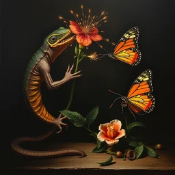 mutant disturbing lizard snake flower tube cable sparks chrome hunting butterfly still life, otto marseus van schrieck still life, dutch golden age painting, dramatic lighting, cinematic lighting, willem van aelst still life, oil on canvas