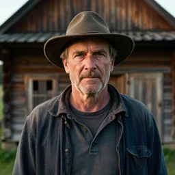 a cinematic headshot portrait of a farmer, stood outside a wooden cabin, movie still, ultra realistic, dramatic lighting, by annie leibovitz