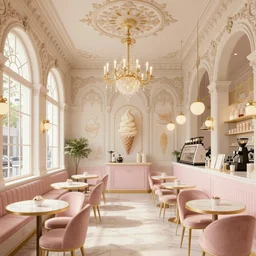 ice cream cafe interior, intricate, elegant, highly detailed, digital painting, architectural digest, archdaily, sharp focus, illustration,