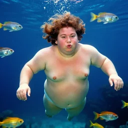 a colorful portrait photograph of fat divine underwater swimming around the fishes, 1 9 9 0 s, taken by martin parr, saturated colour photo, high definition, 8 k