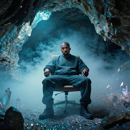 of kanye west as a man on chair, cave with crystals, glitter, volumetric light, foggy, smokey, moody, kodak photography, cyan and magikal light. w 6 0 0