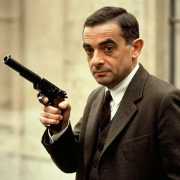 mr bean holding a gun in schindler's list