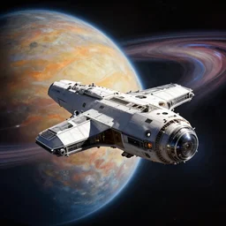 photorealistic concept art of a space craft, flying througggh the solar system, colorful, photorealism.