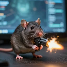 portrait of small bipedal rat!! shooting firing alien gun at screen, cinematic, portrait, macro, from the new science fiction movie, 8 k, f 1. 8!!!