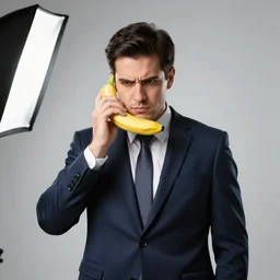 businessman seriously using a banana as a phone, product ad, studio lighting