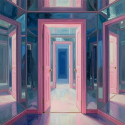 alex gross, hyperrealistic surrealism, award winning masterpiece with incredible details, a surreal vaporwave painting of door leading to nowhere, mirrors everywhere, highly detailed, positive energy