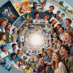 cinematic epic shot, groups of happy humans, hyper realistic, detailed flow of beautiful digital paintings, vortex of large squares and rectangles, text morphing into images, highly detailed, super realistic, perfect lighting pixel sorting, style sheet