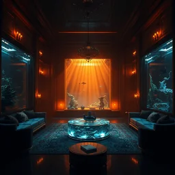 videogame screenshot of a very dark dreamy luxury aquarium maximalist living room, candlelight, sunset glow, dark shadows, god rays, chiaroscuro, backlit, octane render, volumetric lighting, raytracing, symmetrical wide shot low angle