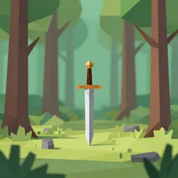 A low poly forest, with a sword at the center of the forest