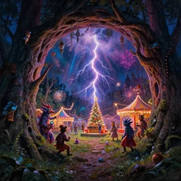 closeup of a night carnival around a magical in a summer storm, tree cavity with a music scenario with many fireworks and christmas lights,, volumetric lightning, intense colored god rays in the sky, folklore people disguised with fantastic creatures in a magical forest by summer night, masterpiece painted by rob gonsalves, scene by dark night environment, refraction lights,