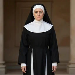 A full body shot of Emma Stone wearing a nun dress , royality, high quality, fully detailed, 4k, in focus, detailed eyes