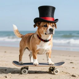 dog on the beach skateboarding wearing a top hat