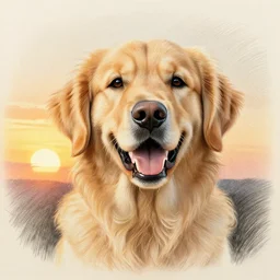 world mix with sunset mix with golden retriever face happy mouth open pencil drawing highly detailed art by michael gorbasky